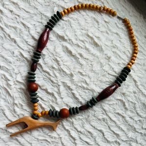 Carved Wood Giraffe and Wood Beads Necklace